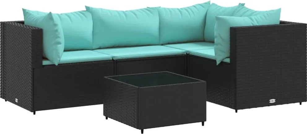 vidaXL Set șezlonguri de grădină, 5 piese, cu perne, negru, poliratan