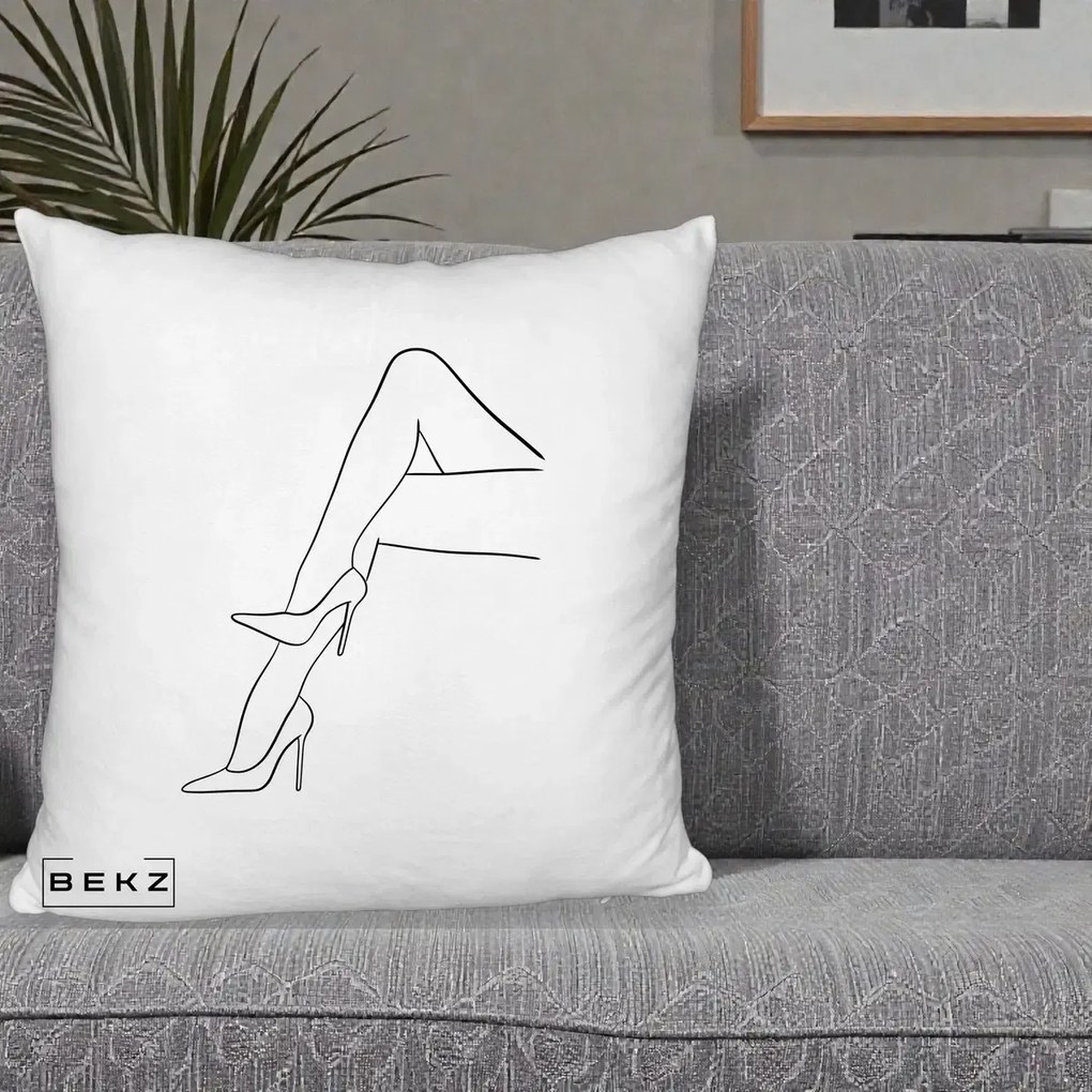 Perna Decorativa Picioare cu Tocuri Line Art, 40x40 cm, Alb Pufos, Husa Detasabila, Perna Inclusa, BEKZ®