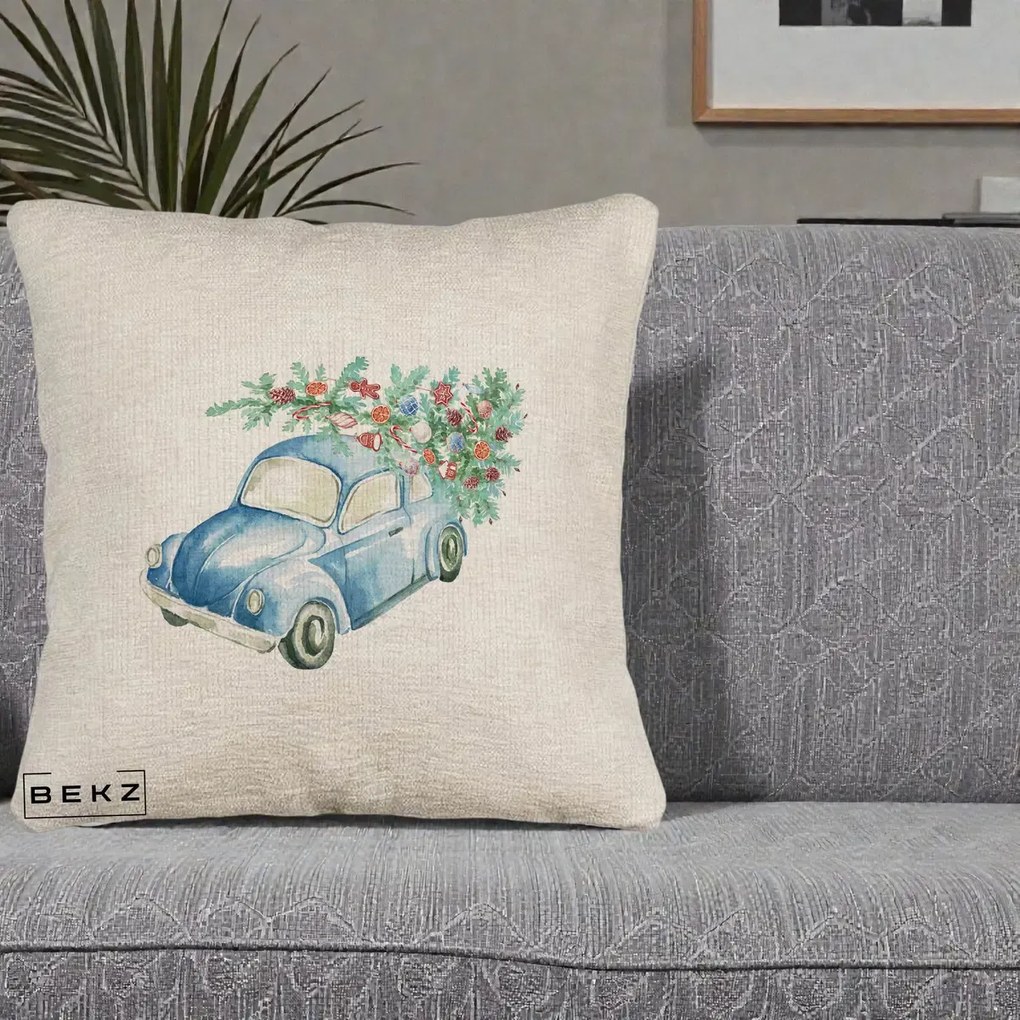 Perna Decorativa Masinuta Albastra cu Brad de Craciun, 40x40 cm, Bej Canapea, Husa Detasabila, Perna Inclusa, BEKZ®