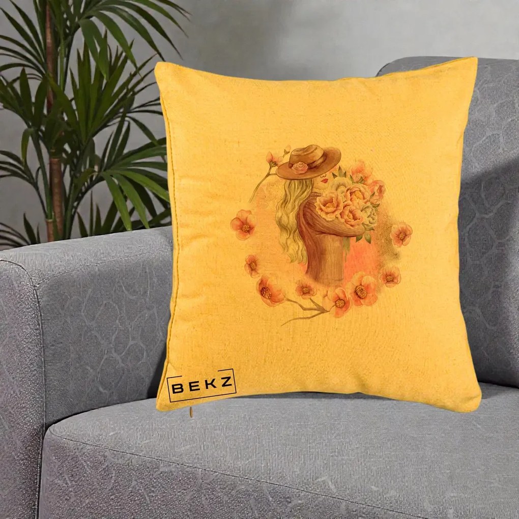 Perna Decorativa Femeie cu Flori Roz Acuarela, 40x40 cm, Galben, Husa Detasabila, Perna Inclusa, BEKZ®