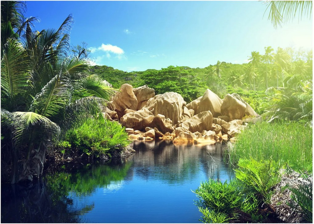 Tablou pe sticlă cu lac în jungla din Seychelles (70x50 cm)