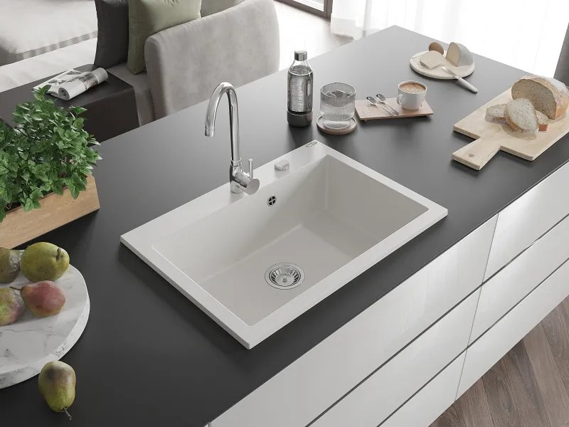 Mexen Elix chiuvetă granitică cu 1 compartiment 700 x 500 mm, albă, sifon crom - 6526701005-20
