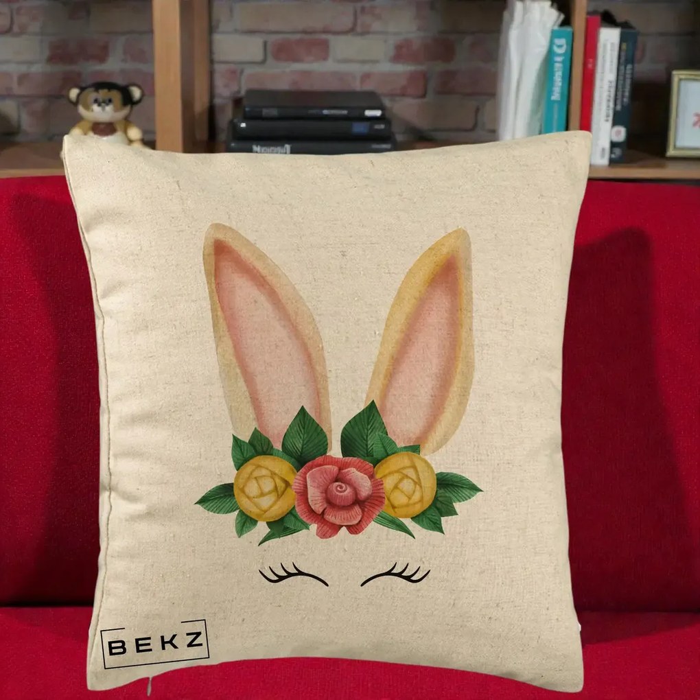 Perna Decorativa Iepuras Flori Urechi Pastelui, 40x40 cm, Bej, Husa Detasabila, Perna Inclusa, BEKZ®