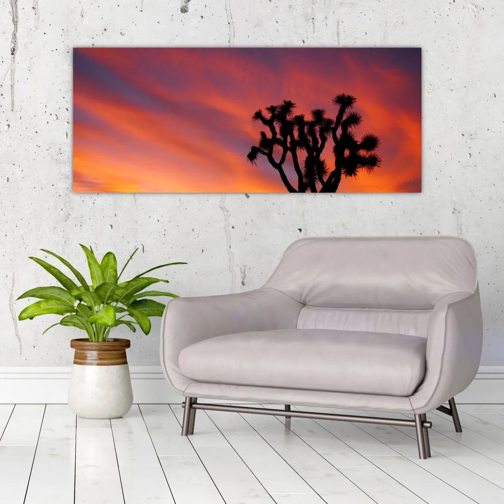 Tablou apus de soare deasupra siluetei unui copac (120x50 cm)
