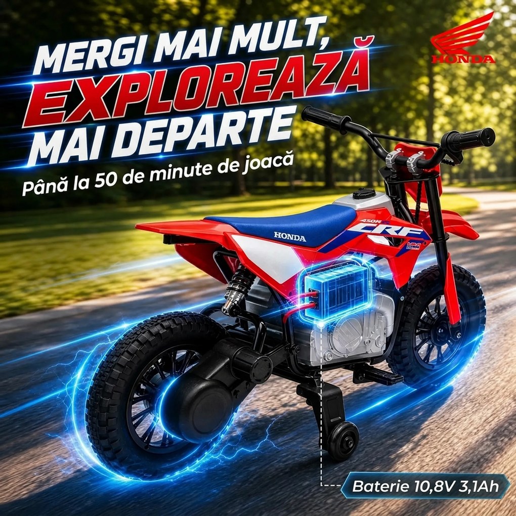 AIYAPLAY Motocicletă electrică pentru copii 3+ ani, Honda CRF 450R cu licență, 12 V, baterie cu litiu, suspensie, roșu | Aosom Romania