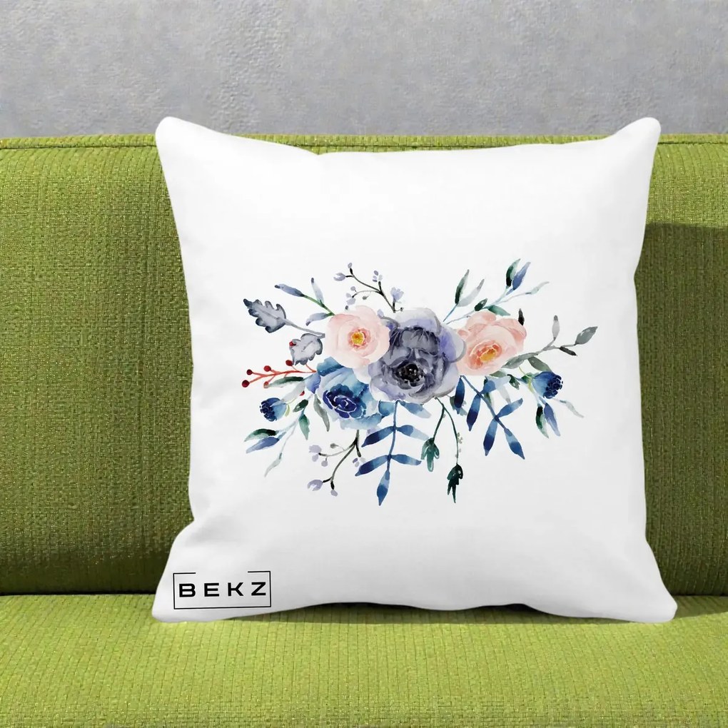 Perna Decorativa Buchet Flori Albastre Acuarela, 40x40 cm, Alba Mata, Husa Detasabila, Perna Inclusa, BEKZ®