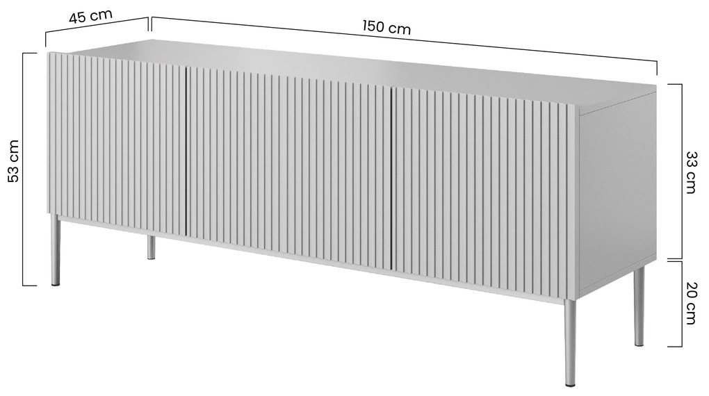 Comodă TV cu sertar Nicole 150 cm pe picioare metalice - negru mat / picioare negre