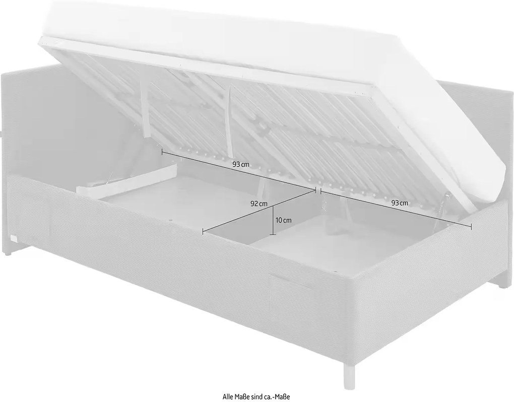 Boxspring tip divan, 90x200 cm, cu lada de depozitare, USB charger, somiera rabatabilă, culoare blug, material țesătură