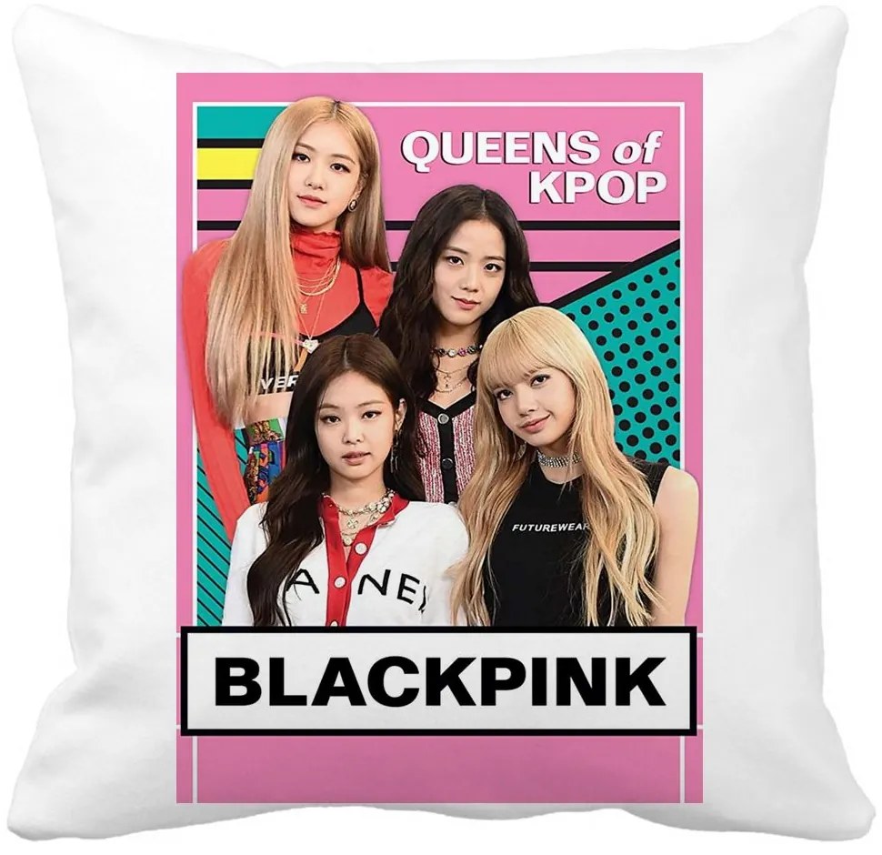 Perna Decorativa Patrata Blackpink K-POP, 40x40 cm, Alba, Mata, Husa Detasabila, Burduf