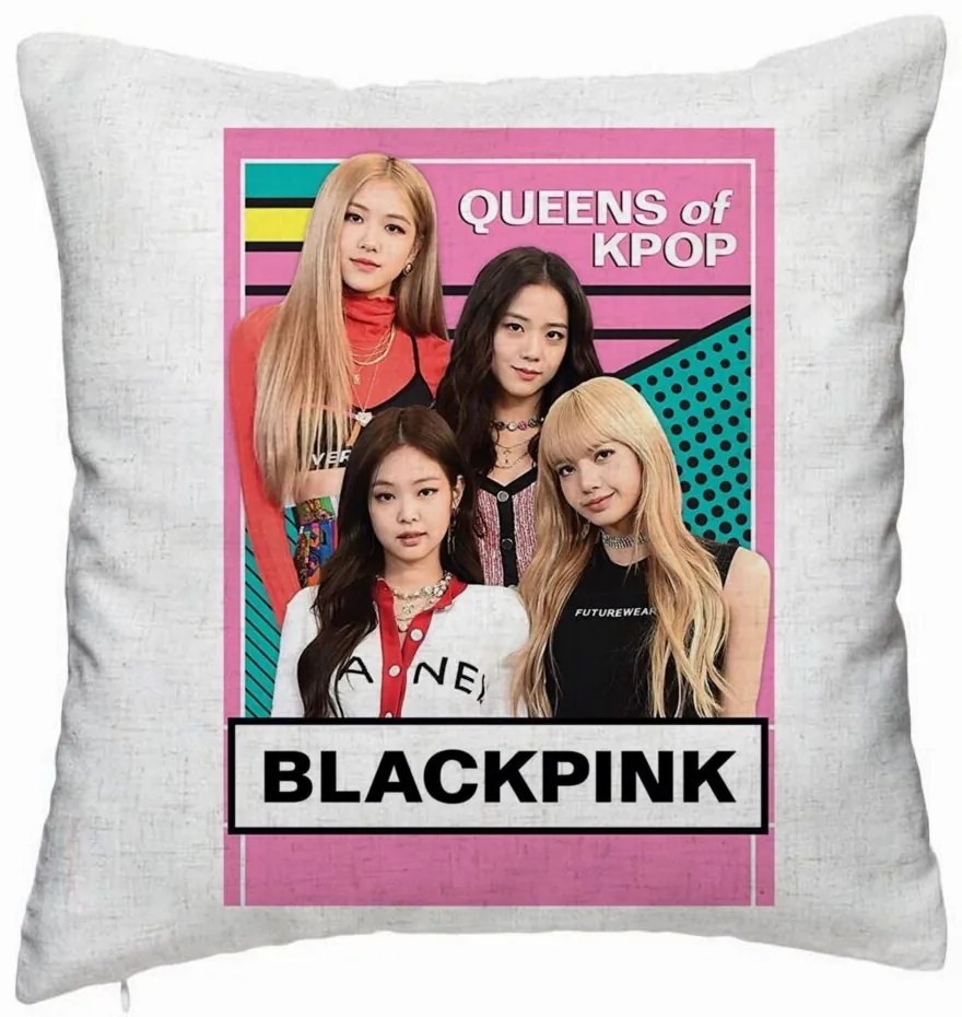 Perna Decorativa, Model Blackpink K-POP, 40x40 cm, Alb Murdar, Husa Detasabila, Burduf