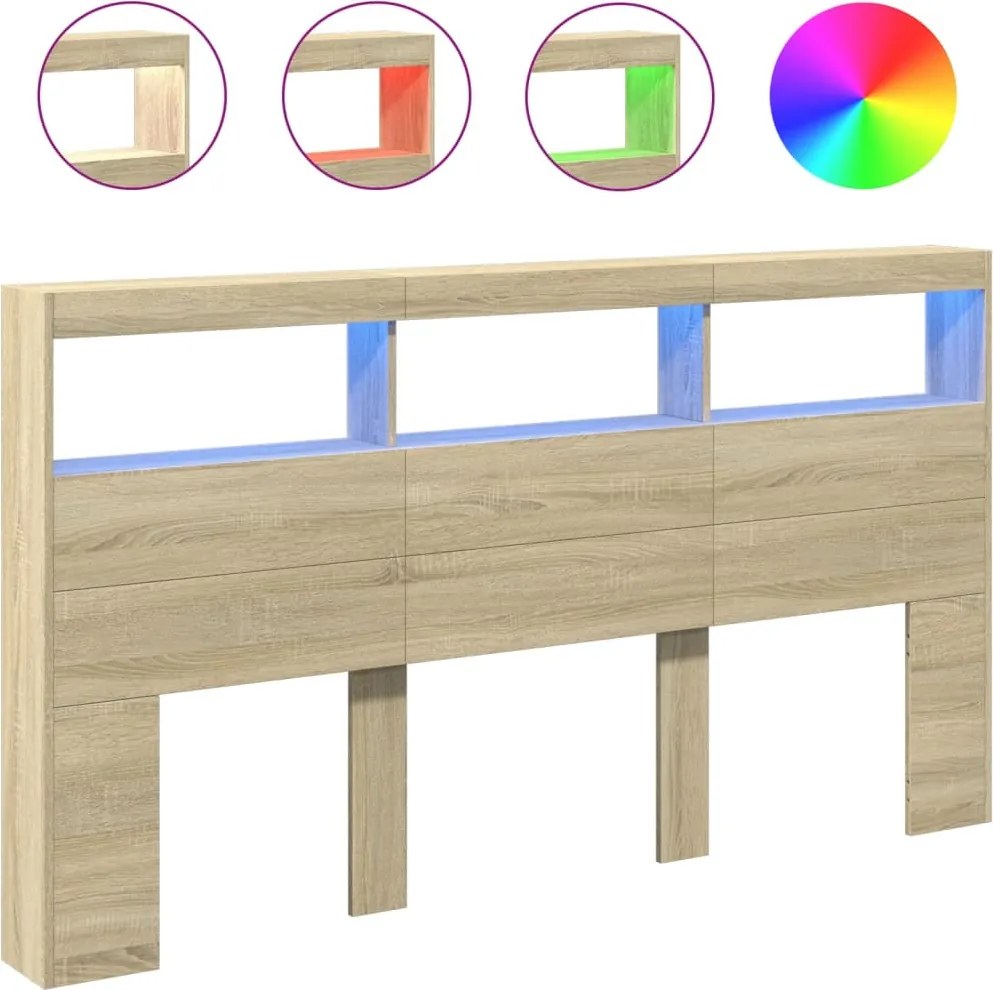 vidaXL Tăblie de pat cu dulap și LED, stejar sonoma, 180x17x102 cm