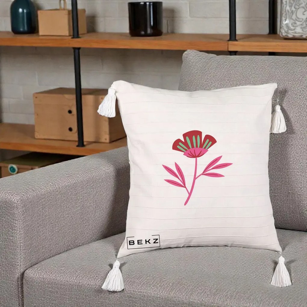 Perna Decorativa Floare Macul Roz-Rosu Grafic, 40x40 cm, Bej cu Franjuri, Husa Detasabila, Perna Inclusa, BEKZ®