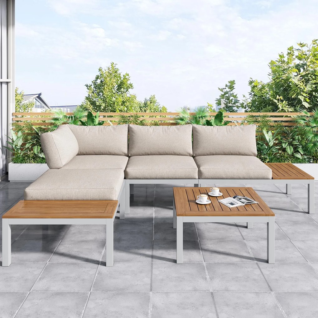 Set mobilier de grădină, cu 2x canapele de două locuri, 2x mese auxiliare, 1x masă, Bej