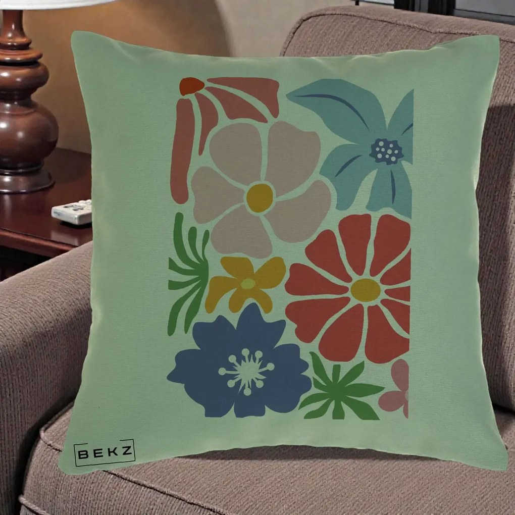 Perna Decorativa Flori Grafice Roz-Rosu-Albastru, 40x40 cm, Verde, Husa Detasabila, Perna Inclusa, BEKZ®