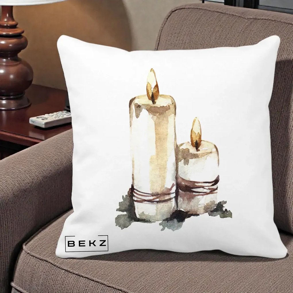Perna Decorativa Lumanari Acuarela Iarna, 40x40 cm, Alba Mata, Husa Detasabila, Perna Inclusa, BEKZ®