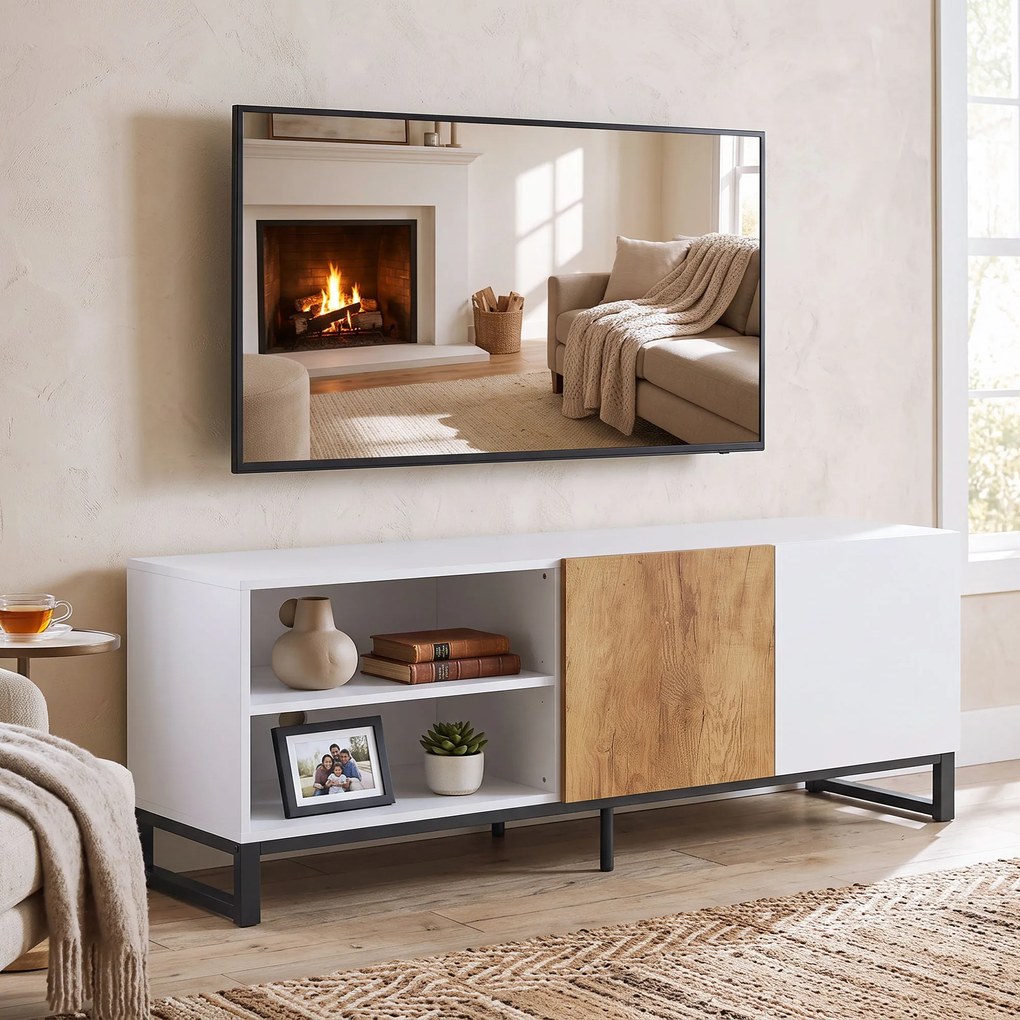 HOMCOM Comodă TV cu Rafturi Reglabile și Ușă Soft-Close, PAL și Oțel, 140x36,5x50 cm, Alb și Stejar | Aosom Romania