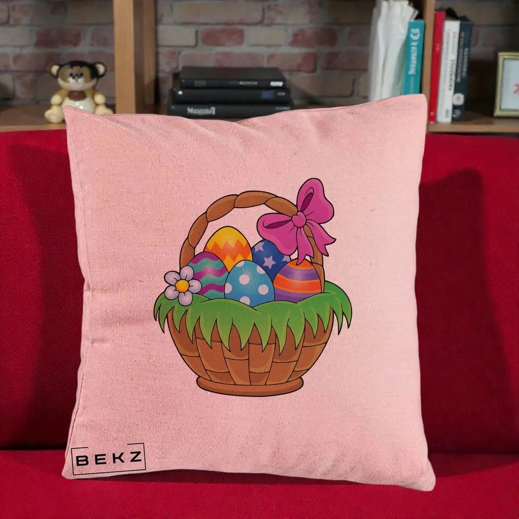 Perna Decorativa Cos cu Oua de Pasti Colorat, 40x40 cm, Roz, Husa Detasabila, Perna Inclusa, BEKZ®