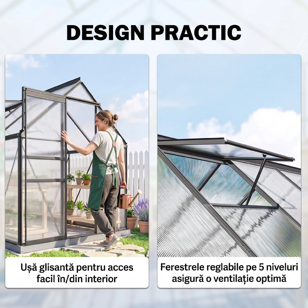 Outsunny Seră de grădină din policarbonat, 7,1 m², cu cadru din aliaj de aluminiu, jgheaburi, ferestre reglabile și ușă glisantă | Aosom Romania