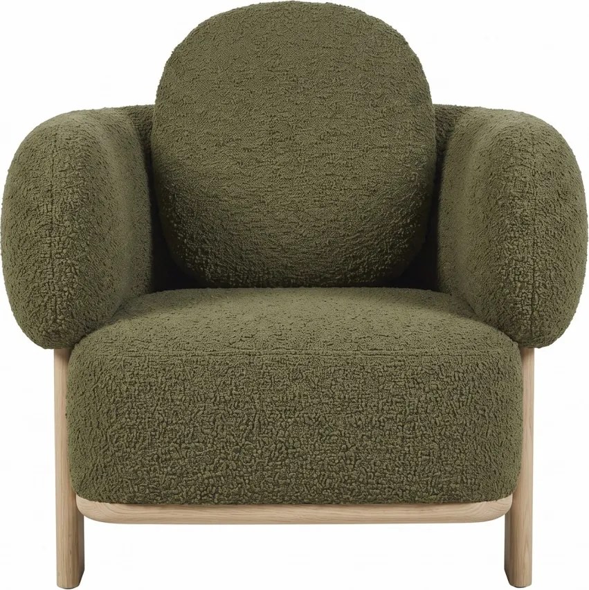 Fotoliu din bumbac bouclé, verde închis, volume rotunjite pe cadru din lemn masiv, 69 x 92 x 79 cm, „Nîmes”