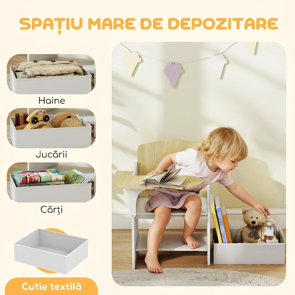 AIYAPLAY Set Masă și Scaune pentru Copii cu Spațiu de Depozitare pentru 3-5 Ani, Alb | Aosom Romania