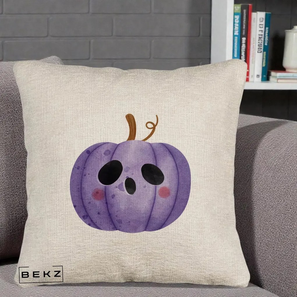 Perna Decorativa Dovleac Halloween Mov Kawaii, 40x40 cm, Bej Canapea, Husa Detasabila, Perna Inclusa, BEKZ®