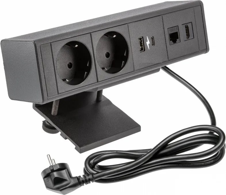 Priză pentru birou Bar GTV, 2 prize Schuko, USB A + C, HDMI, RJ45, negru, 166.5 x 96 mm Negru, Aluminiu/Plastic, L:166.5 mm; l:96 mm; H:170 mm