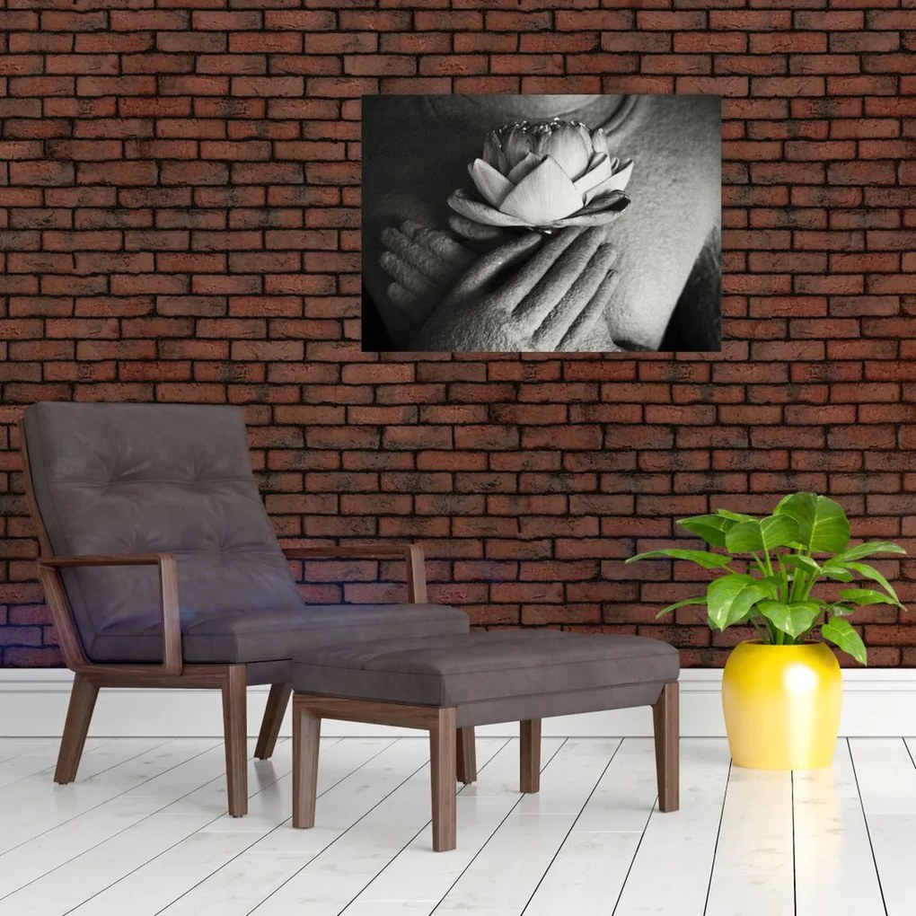 Tablou pe sticlă - Lotus în mâinile lui Buddha (70x50 cm)