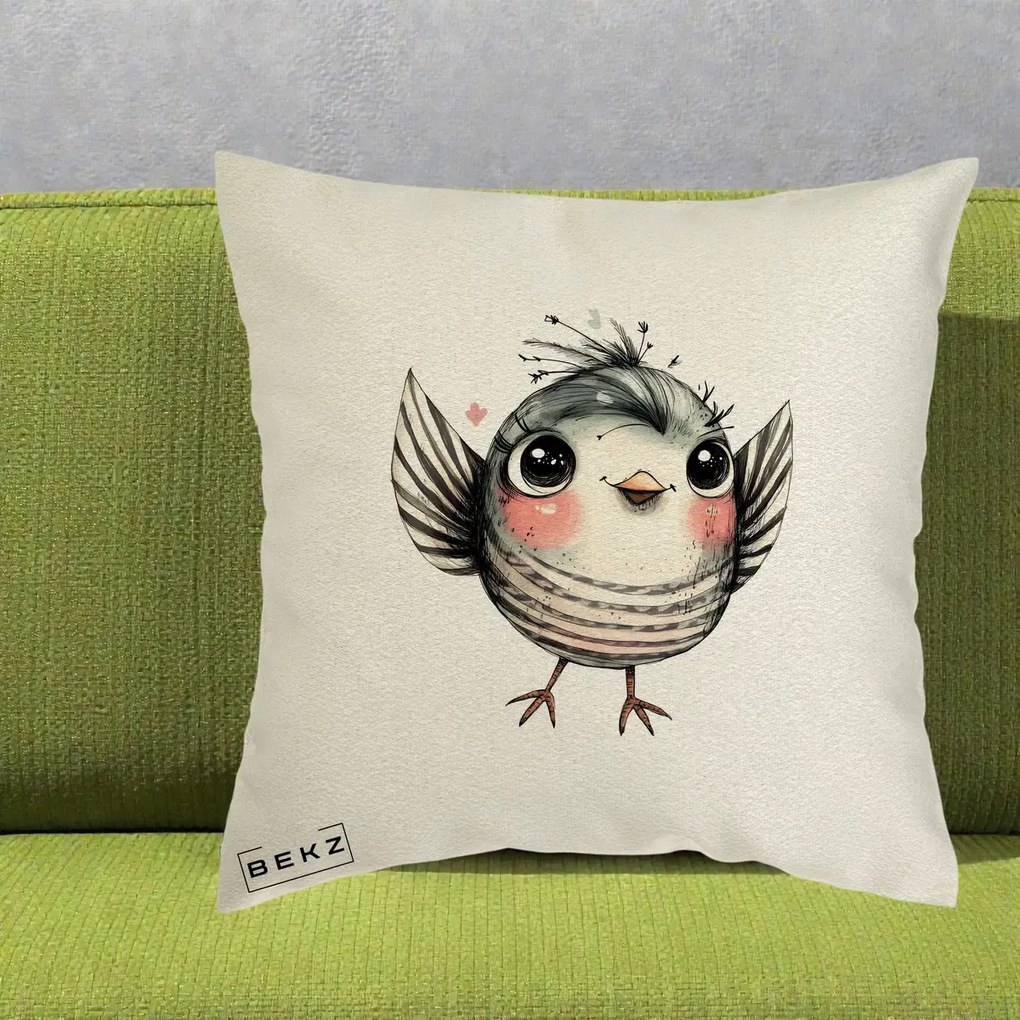Perna Decorativa Pasare Gri cu Aripi si Inimioare, 40x40 cm, Ecru, Husa Detasabila, Perna Inclusa, BEKZ®