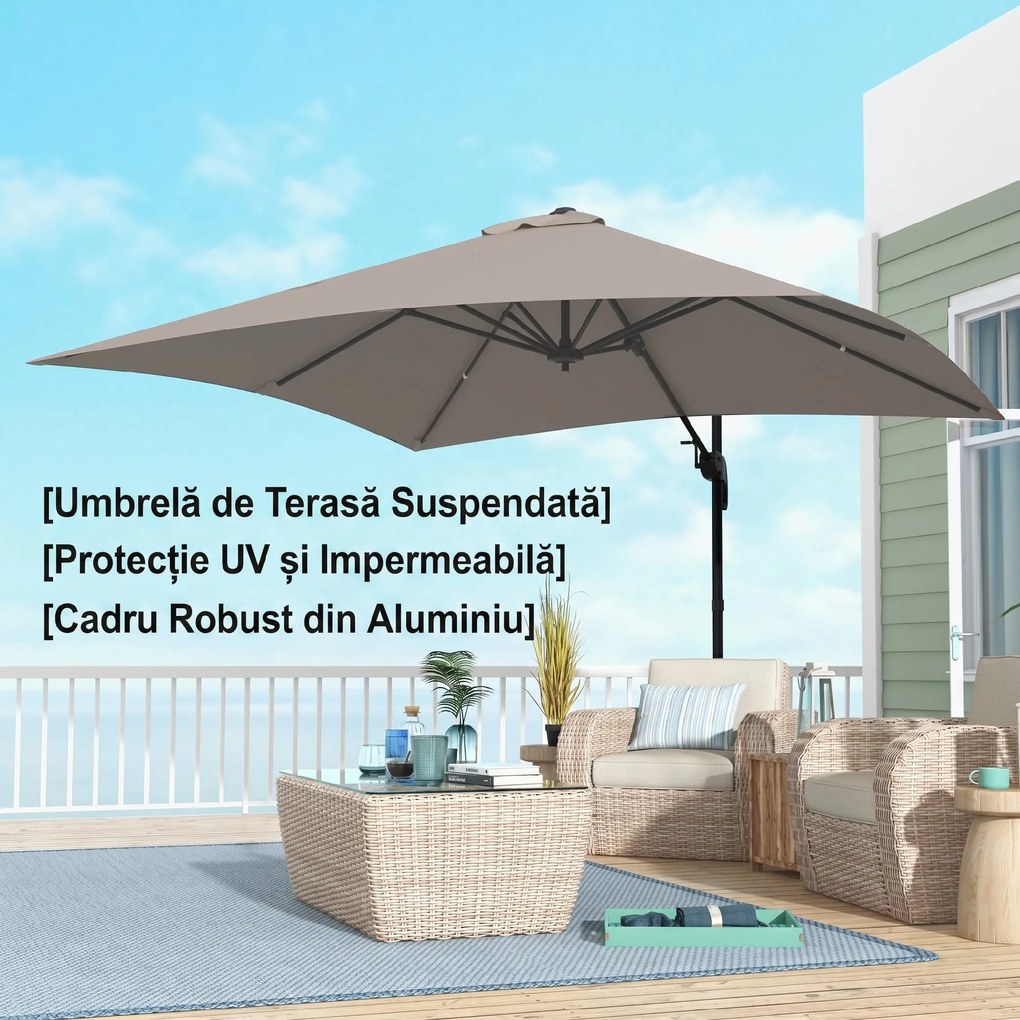 Outsunny Umbrelă de Soare cu 8 Lamele cu Pedală și Manivelă, Umbrelă de Soare din Aluminiu și Poliester, 295x295x266 cm, Kaki | Aosom Romania