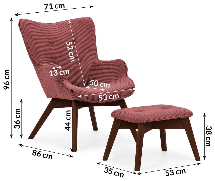 Fotoliu cu taburet roșu cu tapițerie din catifea reiată Niko – Ropez