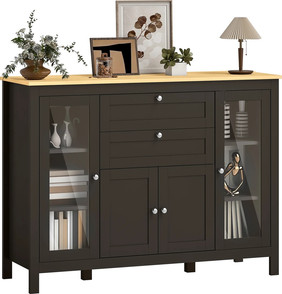 HOMCOM Bufet mobilier de depozitare 1 dulap cu uși duble 2 dulapuri cu uși din sticlă 2 sertare raft reglabil 120x40x90cm negru | Aosom Romania