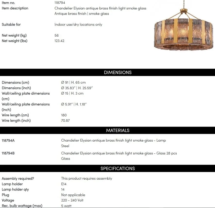 Candelabru LUX, Otel Alama Antic, Sticla Fumurie, Elysian