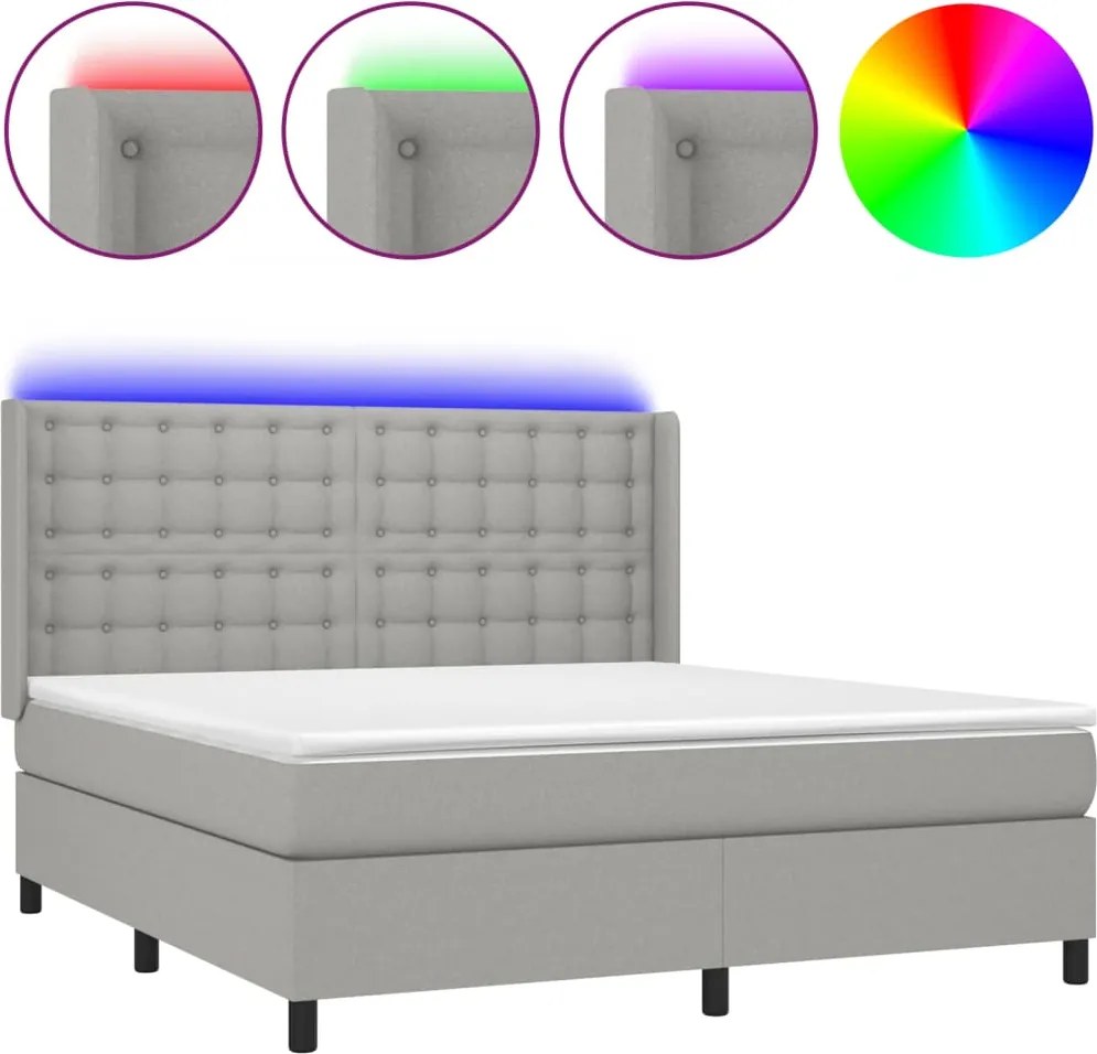 vidaXL Pat cu arcuri, saltea și LED, gri deschis, 180x200 cm, textil