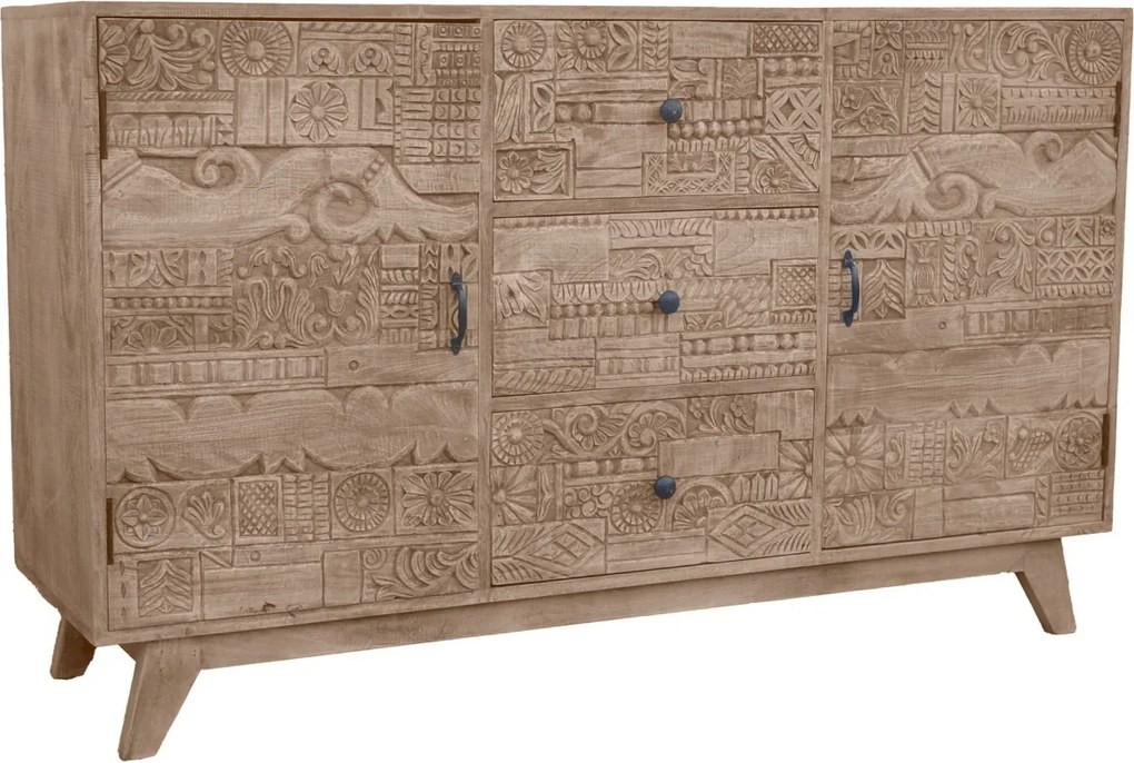 Bufet living în stil etnic, din lemn de mango, natur, cu 2 uși sculptate manual, 3 sertare și picioare înclinate, 91 x 150 x 45 cm, „Kheda”