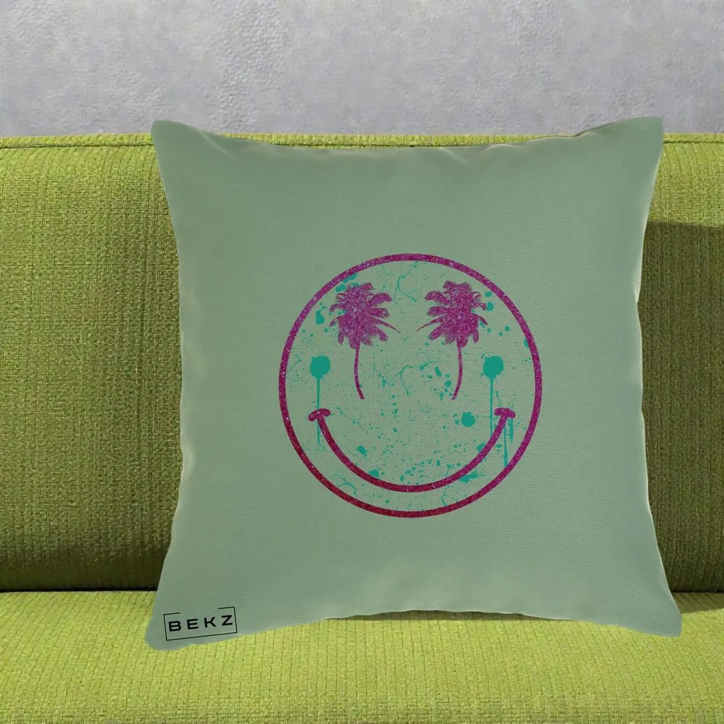 Perna Decorativa Smiley Face Tropical Glitter Roz, 40x40 cm, Verde, Husa Detasabila, Perna Inclusa, BEKZ®