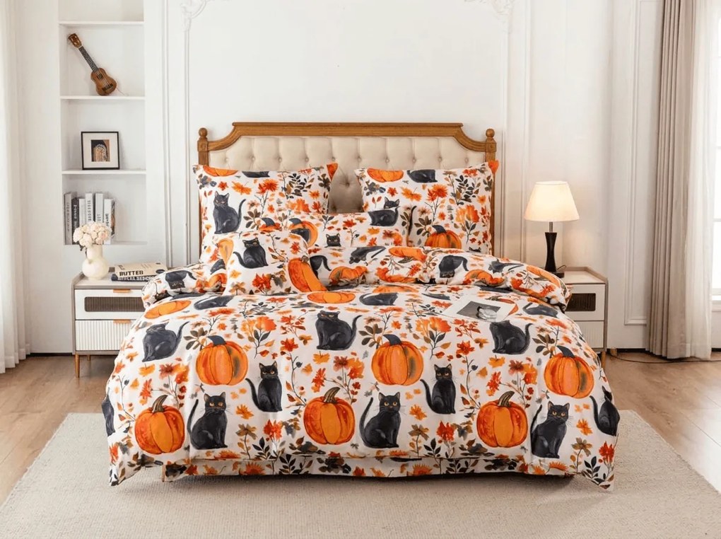 Lenjerie de pat din microfibra CATS AND PUMPKINS colorate Dimensiune lenjerie de pat: 2 buc 70 x 90 cm | 200 x 220 cm