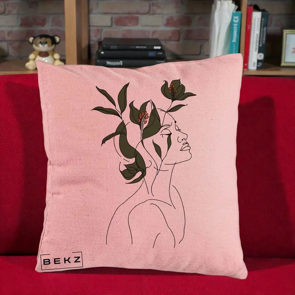 Perna Decorativa Portret Feminin Crin Verde, 40x40 cm, Roz, Husa Detasabila, Perna Inclusa, BEKZ®