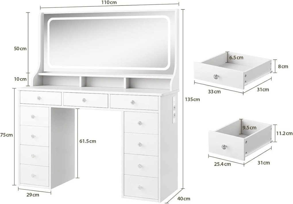 Masuta machiaj cu Oglinda LED si 11 Sertare pentru Cosmetice, Set Masa toaleta 110 cm, Alb, masuta cosmetica, vanity - SEA909