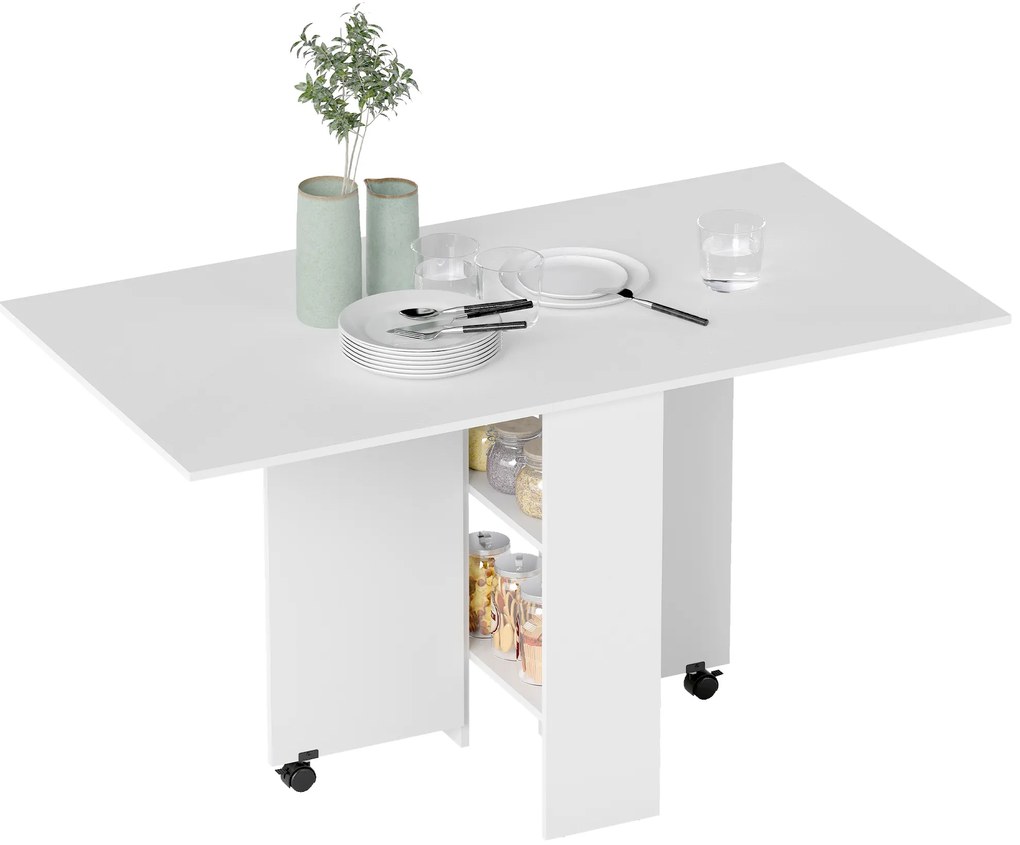 HOMCOM Masă Pliabilă pentru 4-6 Persoane cu 2 Roți și 2 rafturi depozitare, 140x75x74cm, Alb | Aosom Romania