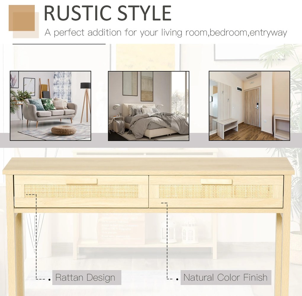 HOMCOM Consola din lemn pentru intrare, sufragerie, salon, cu 2 Sertare, Stil Shabby Chic Culoare Lemn, 100x30x76cm