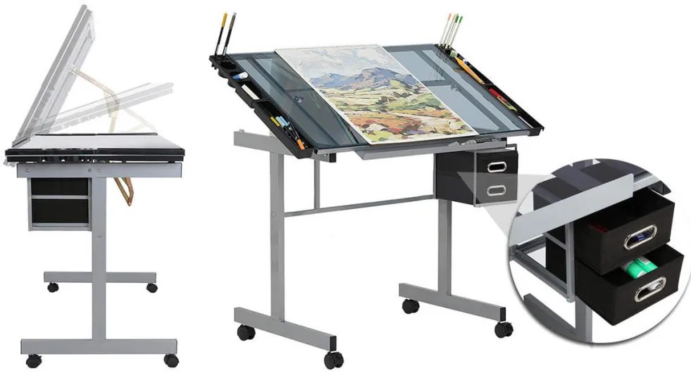 Masa pentru desen tehnic cu planseta din sticla