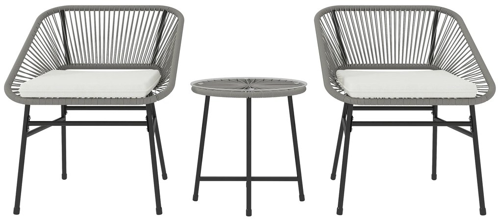 Outsunny Set de mobilier de exterior cu 3 piese, 1 masă, 2 scaune, Împletitură de ratan, Cadru din oțel, Masă de cafea cu blat de sticlă, Gri închis | Aosom Romania