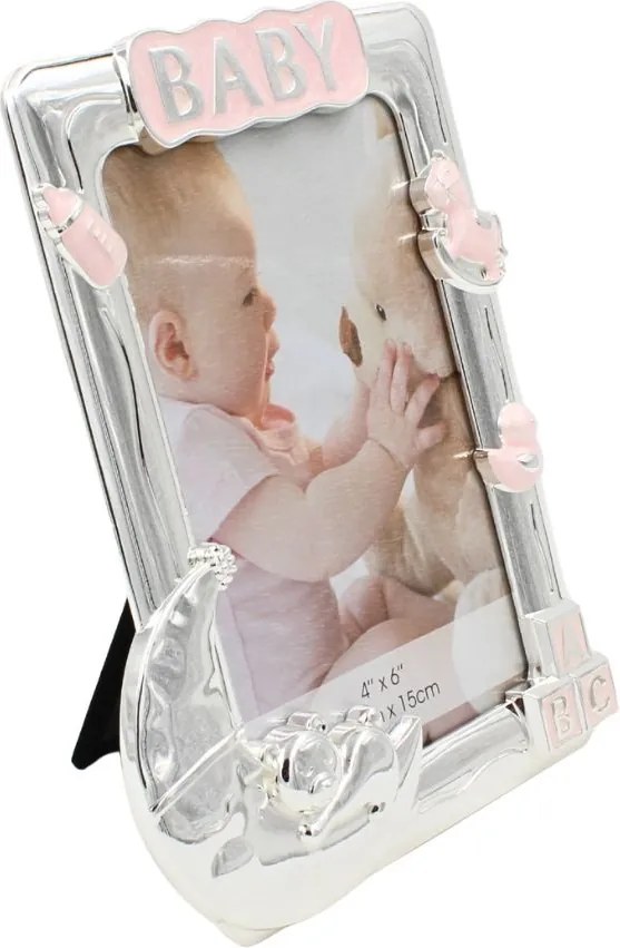 Ramă Foto BABY AZAY Roz cu Elemente Decorative, 10x15 cm, Ramă Foto Fetițe, Cadou Botez / Nou-Născut, Cutie Cadou Inclusă