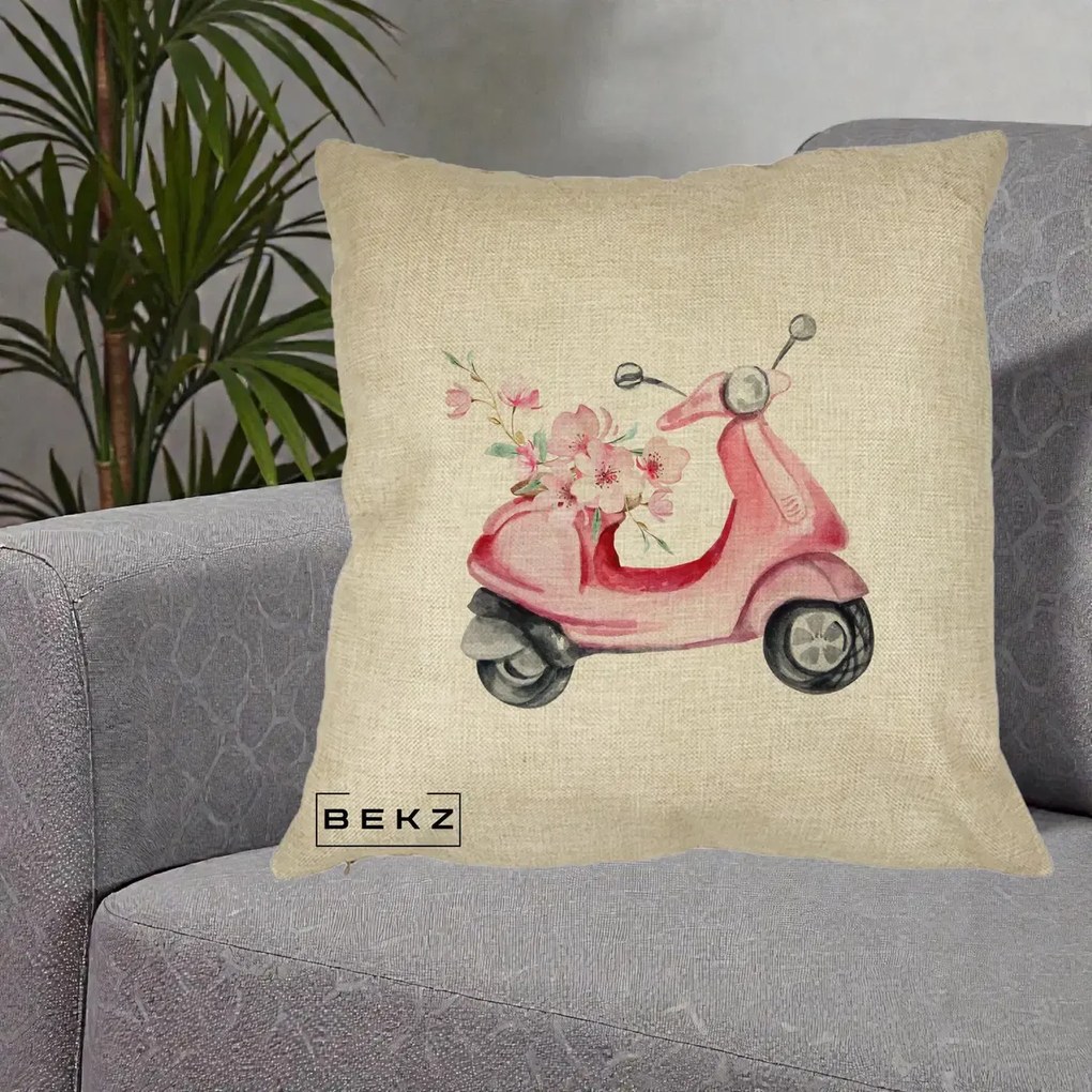 Perna Decorativa Scuter Roz cu Flori Acuarela, 40x40 cm, Crem, Husa Detasabila, Perna Inclusa, BEKZ®