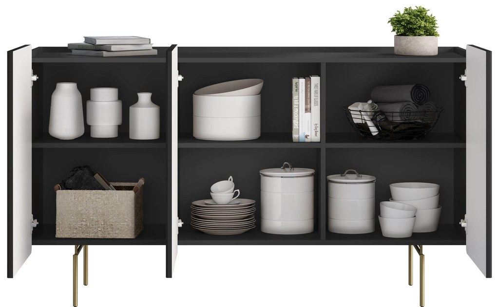 Comodă Malmi 150 cm cu trei uși - negru mat / picioare aurii