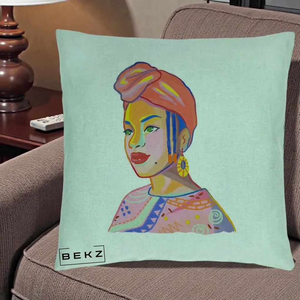 Perna Decorativa Portret Femeie Africana, 40x40 cm, Verde Menta, Husa Detasabila, Perna Inclusa, BEKZ®