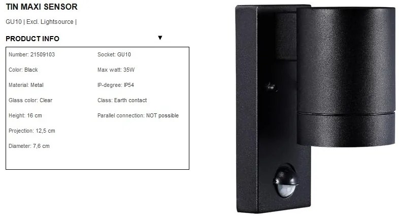 Aplica de perete exterior cu senzor, IP54 Tin Maxi negru 21509103 NL