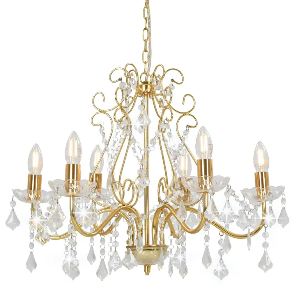 Candelabru cu margele de cristal, auriu, rotund, 6 x E14