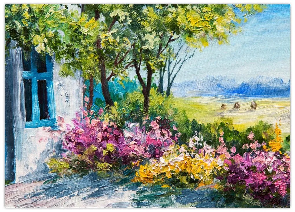 Tablou pe sticlă - Grădina din fața casei, pictură în ulei (70x50 cm)