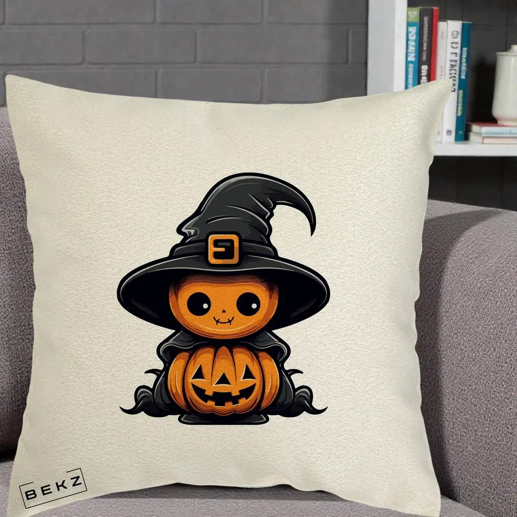Perna Decorativa Halloween Dovleac Vrajitor Kawaii, 40x40 cm, Ecru, Husa Detasabila, Perna Inclusa, BEKZ®